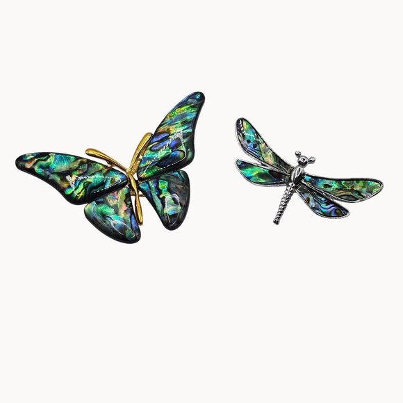 2PC Brooch Green/Blue Abalone Butterfly Dragonfly Whimsy Fairy Cottage Spring - Picture 1 of 9
